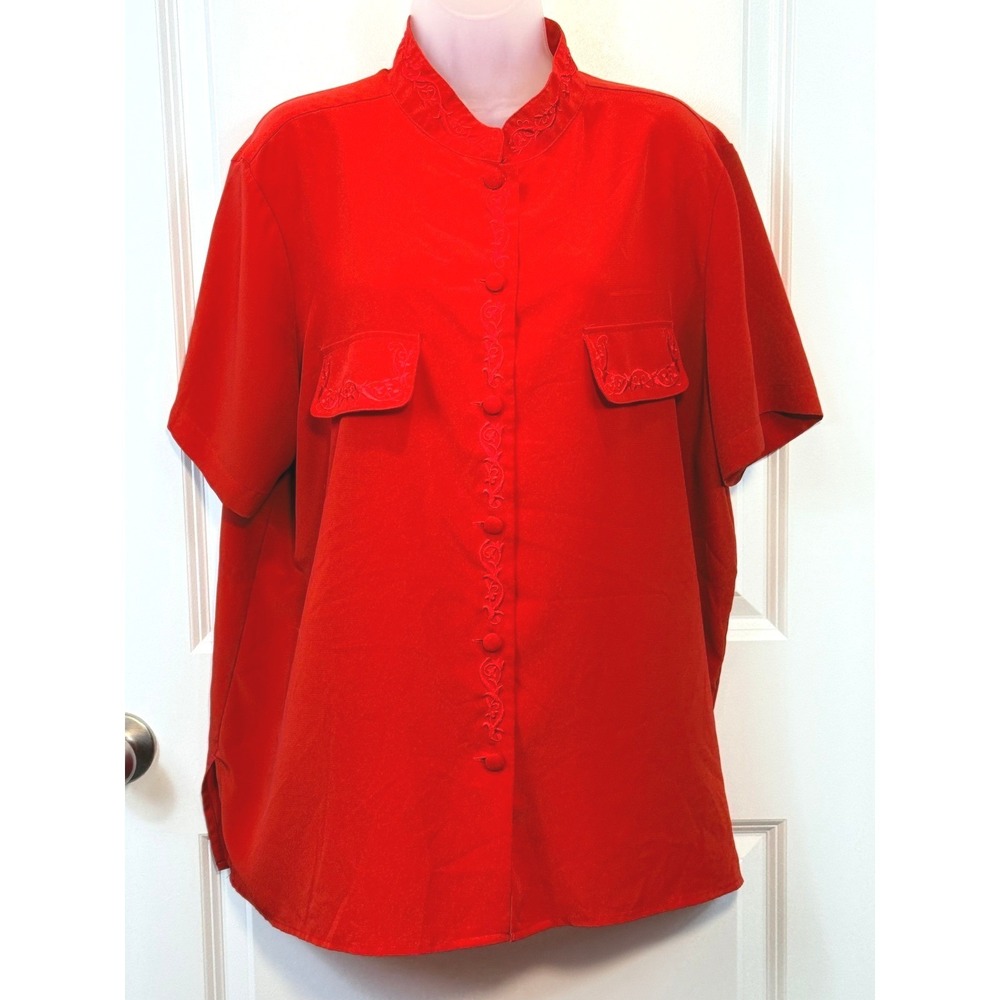 Vintage Kathie Lee‎ 20W Red Mandarin Blouse Embroidered Boho Y2K Plus VTG 20